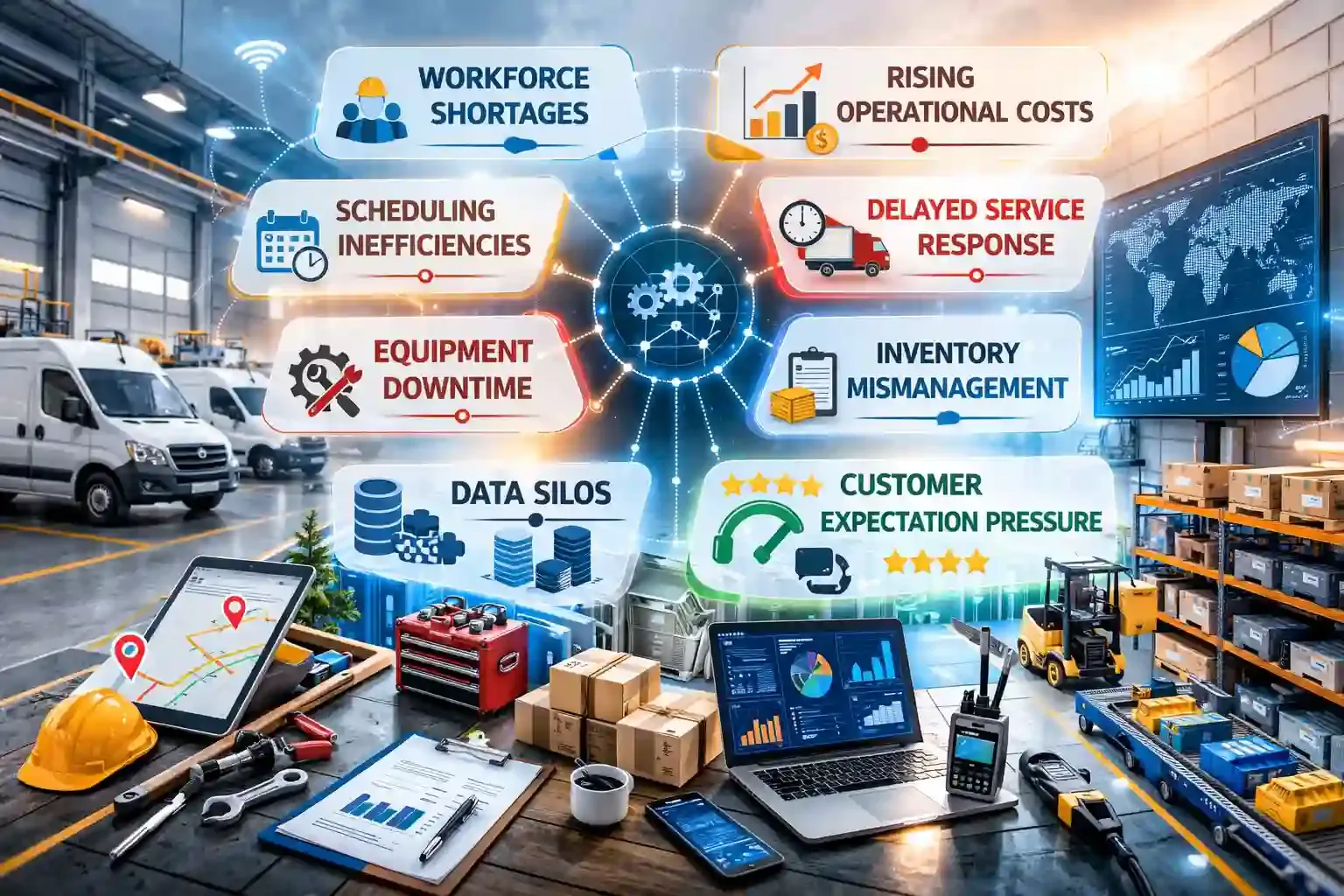 Field service challenges dashboard in modern warehouse setting